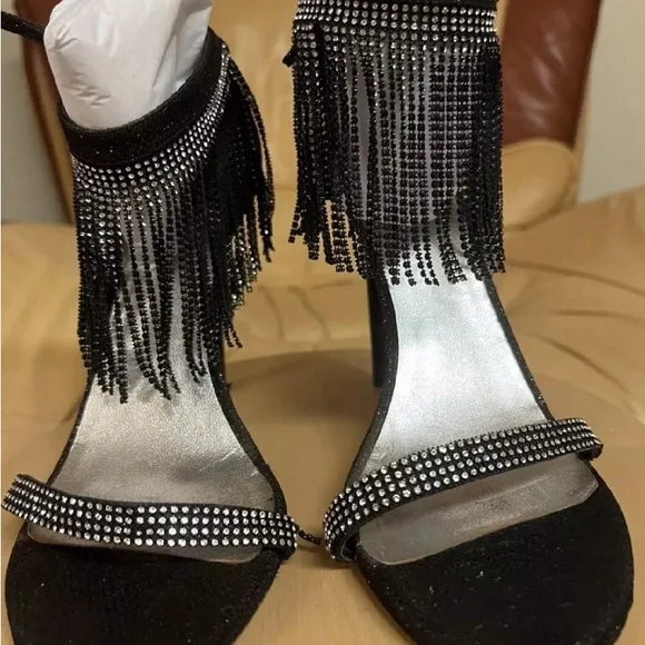 Stuart Weitzman Onfiresong Black Crystal Fringe Sandal Heels - Picture 4 of 8